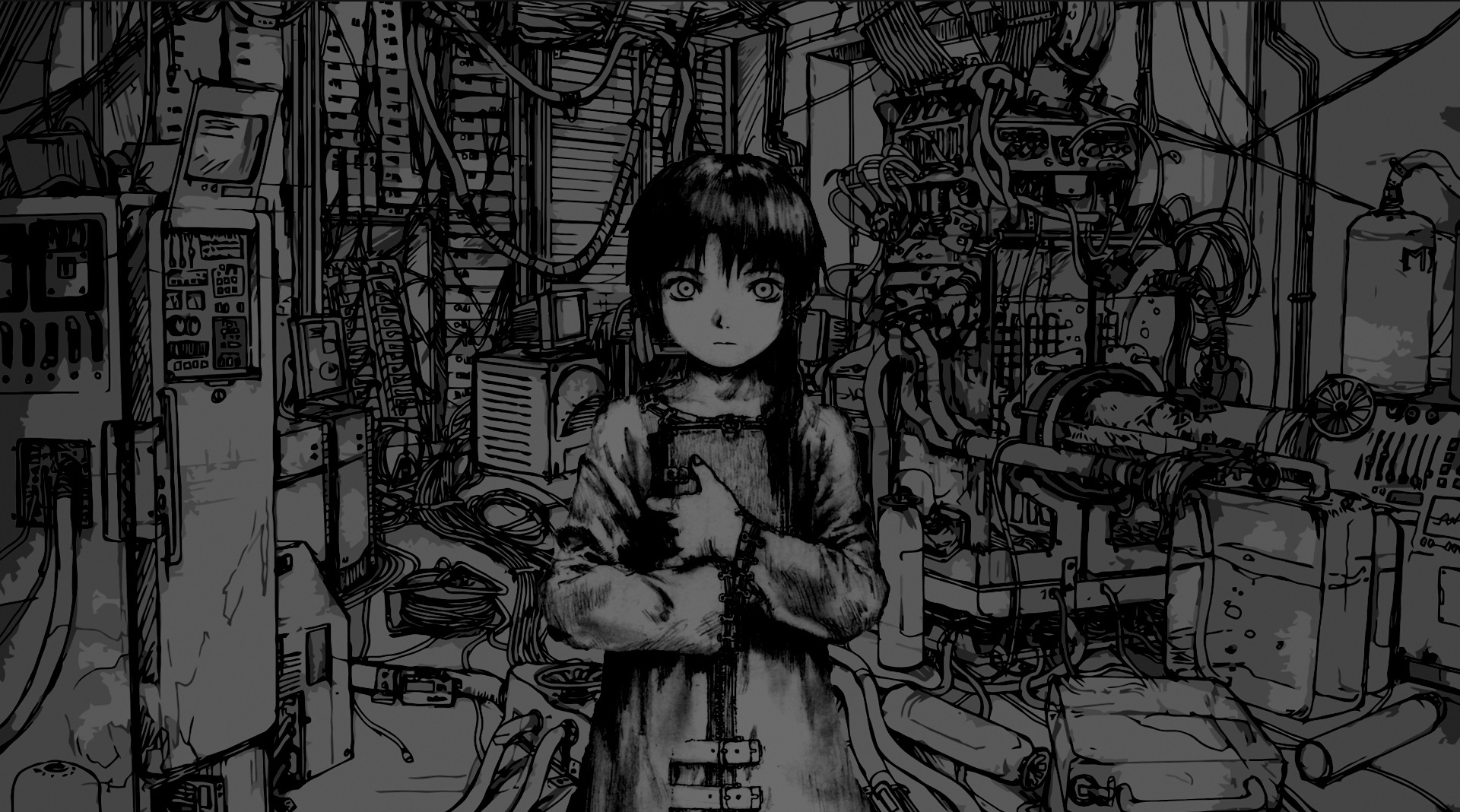 A wallpaper, lain is in the center of the picture, we can see her room being a mess with cables and computer everywhere
